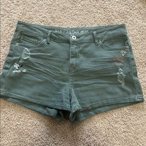 Army green mid rise denim shorts